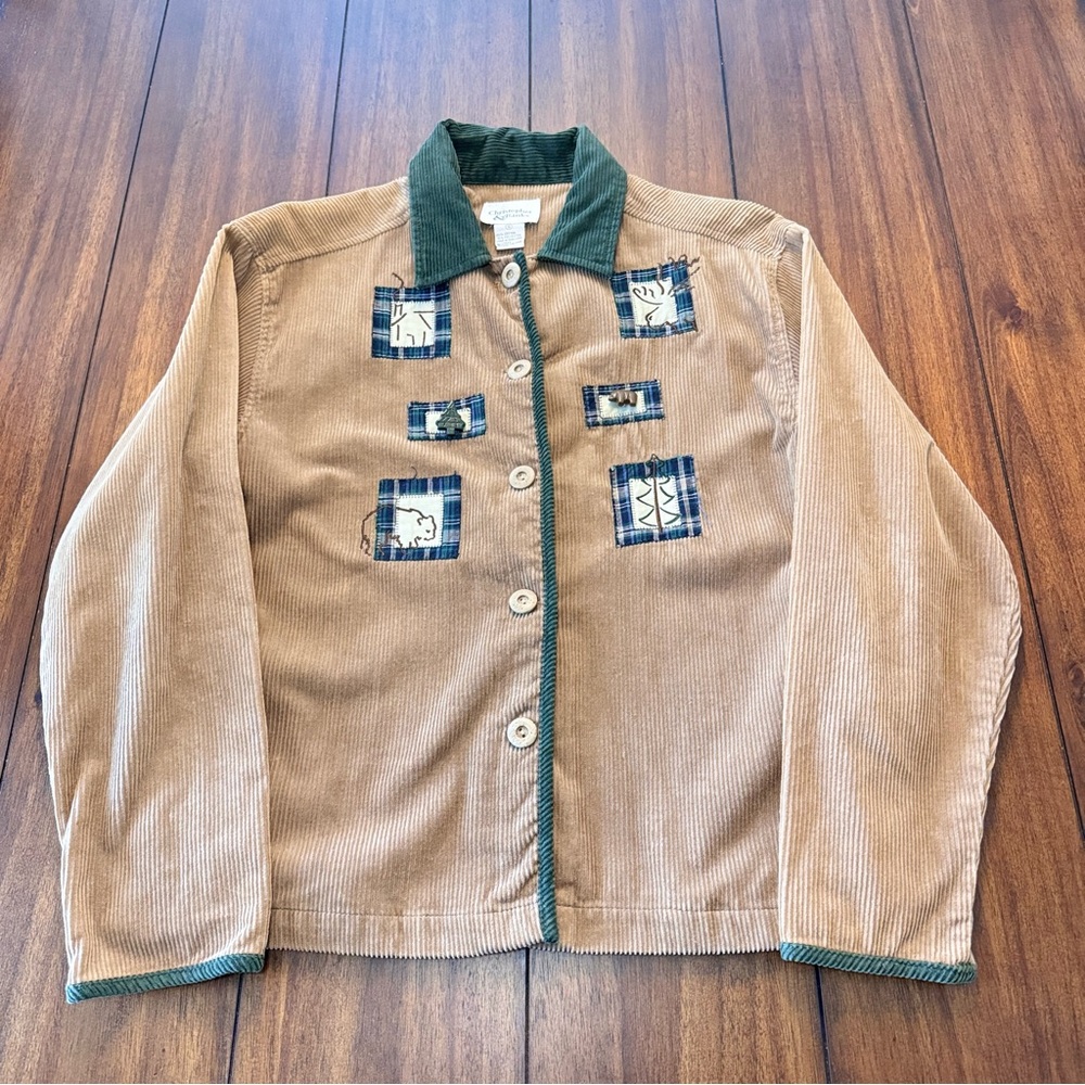 Christopher & Banks Vintage Corduroy Chore Button Down Small Tan Forest Wildlife
